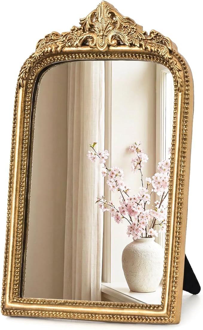 10" x 7" Small Gold Mirror for Desk, Vintage Ornate Antique Vanity Mirror, Baroque Desktop Standing Mirror, Aesthetic Room Decor