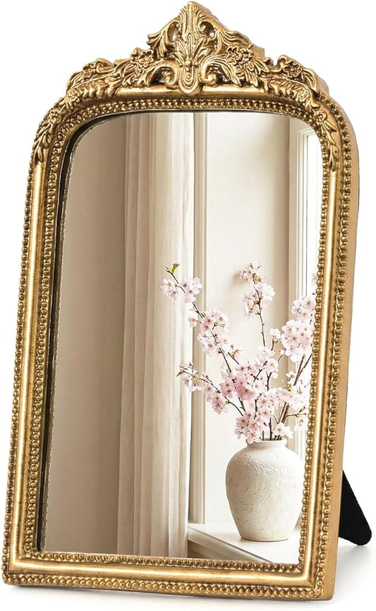 10" x 7" Small Gold Mirror for Desk, Vintage Ornate Antique Vanity Mirror, Baroque Desktop Standing Mirror, Aesthetic Room Decor