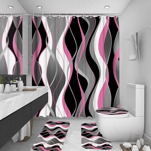BEIFIVCL 4Pcs Pink Shower Curtain Sets with Non-Slip Rugs, Toilet Lid Cover and Bath Mat, Black and Gray Bathroom Decor Set Accessories Fabric Waterproof Shower Curtains with 12 Hooks, 72 x 76 Inch