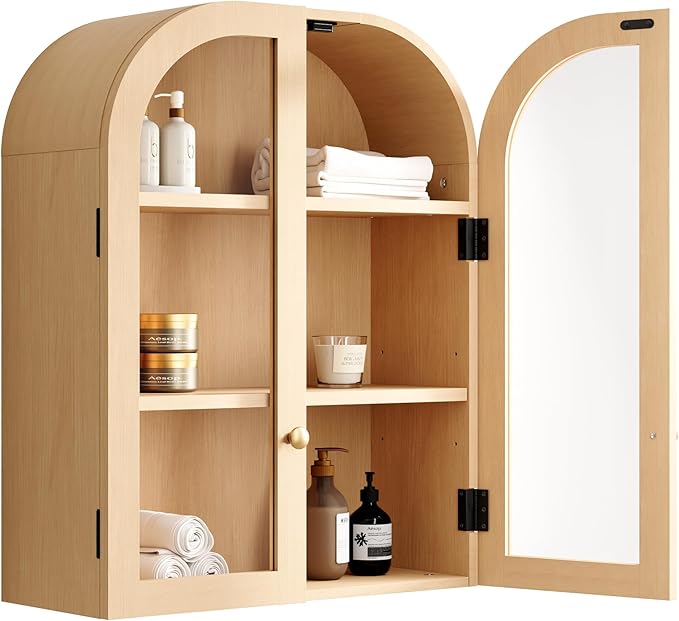 Fatmok Arched Bathroom Wall Cabinet Over The Toilet Storage Cabinet,23.6"x31.5" Wood Medicine Cabinet Wall Mounted with Glass Doors & Adjustable Shelf,Floating Wall Cabinet for Bathroom(Natural Wood)