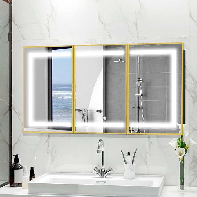 ROOMTEC Lighted Medicine Cabinet with Mirror, Bathroom Mirror Cabinet with Lights and Storage, 3 Doors Bathroom Wall Cabinet with LED Lights,Gold, 48"x32"
