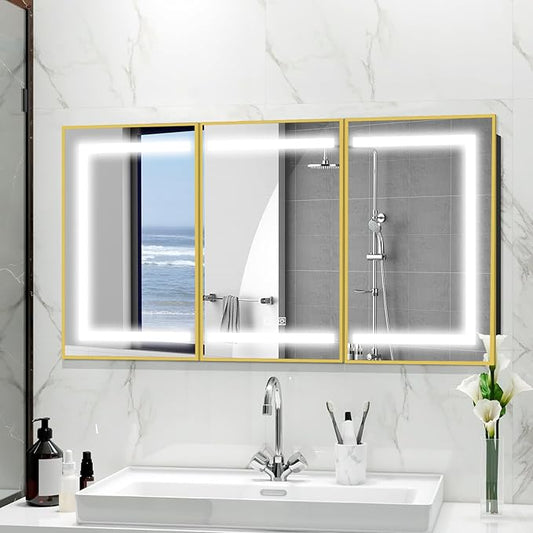 ROOMTEC Lighted Medicine Cabinet with Mirror, Bathroom Mirror Cabinet with Lights and Storage, 3 Doors Bathroom Wall Cabinet with LED Lights,Gold, 48"x32"