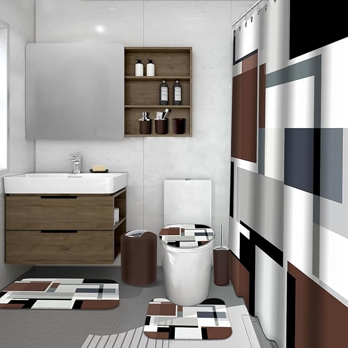 Lnond Brown Bathroom Set, 23-Piece Brown Geometric Bathroom Decor Set with with Shower Curtain and Rugs, Trash Can, Toilet Brush Holder Set & Soap Dispenser