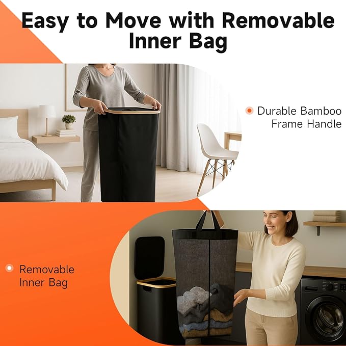 100L Foldable Laundry Basket with Lid, Dirty Clothes Hamper for Dormitories and Gyms | Laundry Hamper with Removable Bag, Black