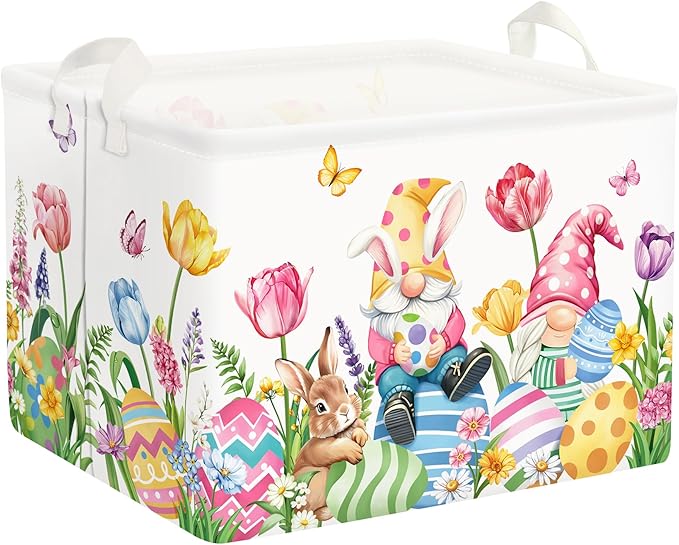Clastyle Large Egg Rabbit Easter Basket Stuffers Butterfly Tulips Baby Gift Basket Empty Toy Nursery Bin Collapsible Spring Flower Clothes Storage Organizer for Bedroom,Gnome,40x30x30 cm