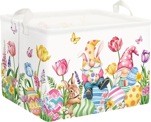 Clastyle Large Egg Rabbit Easter Basket Stuffers Butterfly Tulips Baby Gift Basket Empty Toy Nursery Bin Collapsible Spring Flower Clothes Storage Organizer for Bedroom,Gnome,40x30x30 cm