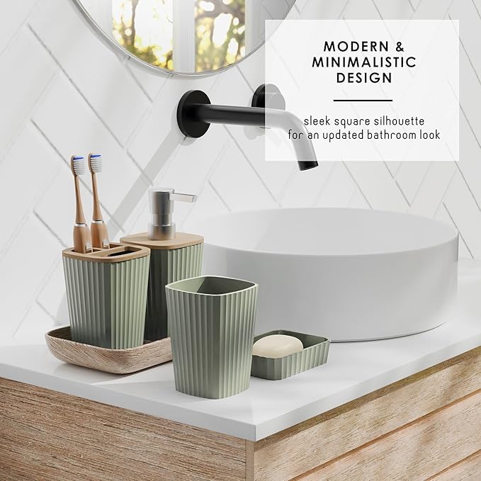 Clara Clark Bathroom Accessories Set - Bathroom Set, Bathroom Sets with Shower Curtain and Rugs, Shower Curtain Set with Trah Can - Light Sage Green - 22PC