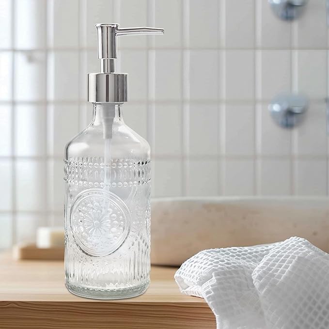 FEILANDUO 3Pcs Glass Bathroom Accessories Set, Lotion & Soap Dispenser, Toothbrush Holder, Soap Dish, Modern Bathroom Countertop Decor for Home, Housewarming Gift (Clear, 3 Pcs Bathroom Set)