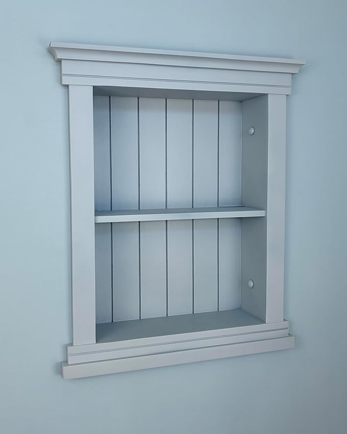 Fox Hollow Furnishings 14x18 Elliot Craftsman Recessed Wood Wall Niche, Open Medicine Cabinet Replacement, in Wall Bathroom Cabinet Insert Shelves, Made in North America, NO MDF, Beadboard, Light Gray