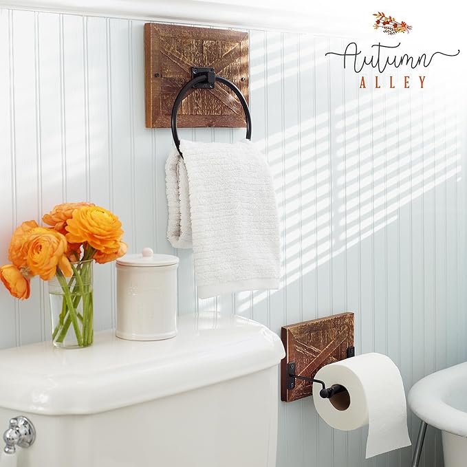 Autumn Alley Farmhouse Hand Towel Ring for Bathroom - Barn Wood Bath Towel Rings Holder - Towel Rings for Bathroom Wall Mounted Decor Mix of Wood, Galvanized Metal & Black Rings