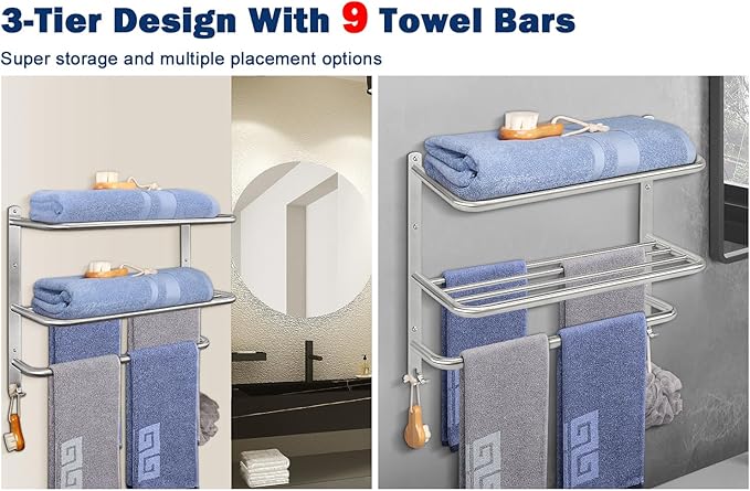 NearMoon Bathroom Towel Rack, 3-Tier Towel Holder with Hooks, SUS304 Stainless Steel Towel Hanger, Wall Mounted Towel Shelf Storage, Bathroom Accessories (22 Inch, Brushed Nickel)