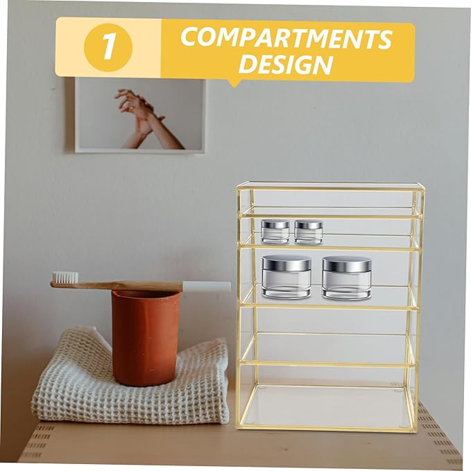 FOMIYES 1pc Multilayer Makeup Organizer Storage Rack Brass Glass Cosmetic Holder for Lipstick and Powder Stylish Desktop Makeup Display Storage for Home and Vanity
