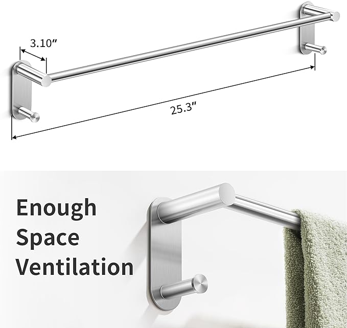 24 Inch Adhesive Towel Bar - Stainless Steel Stick on Towel Rack for Bathroom, No Drilling Towel Holder with 2 Hooks, Brushed Nickel