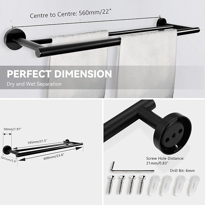 SEIDO 4-Piece Matte Black Bathroom Accessories Set – 24 Inch Double Towel Bar with Toilet Paper Holder & 2 Hooks - SUS 304 Stainless Steel Wall Mounted Hardware Kit for Bathroom, Laundry Room