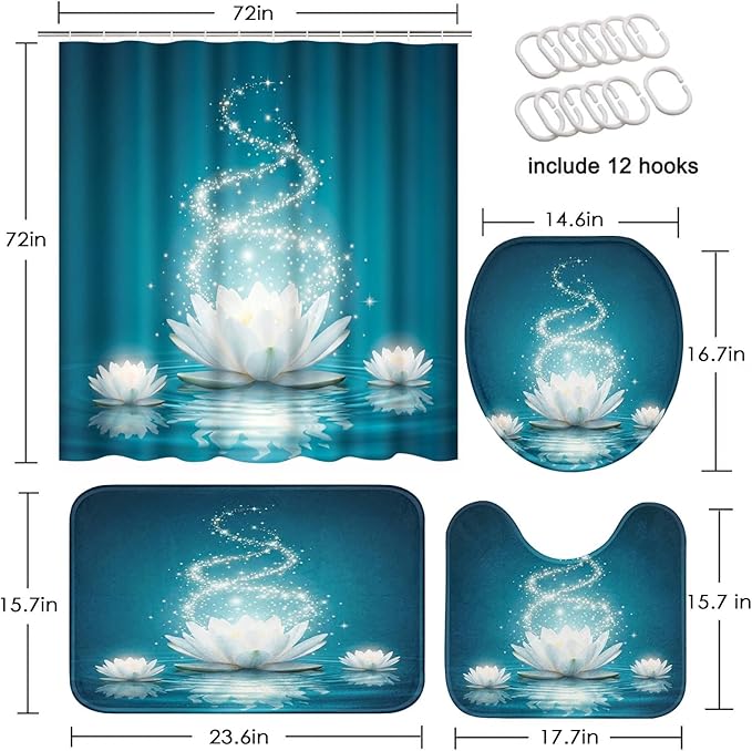 Britimes 4 Piece Shower Curtain Sets, with 12 Hooks, Magic Lotus Flower Turquoise Zen with Non-Slip Rugs, Toilet Lid Cover and Bath Mat, for Bathroom Decor Set, 72" x 72"