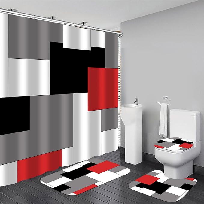Yizheer 4Pcs Geometric Red Modern Bathroom Shower Curtain Set with 12 Hooks Bath Mat Toilet Cover U Shaped Mat- PEVA Material, 72x72 Inches, Bathroom Curtain for Bathtub (Red)