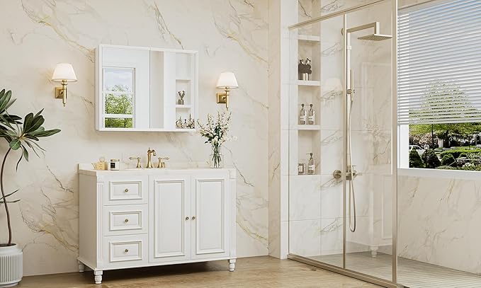 TokeShimi 30 x 26 White Recessed Medicine Cabinet with Mirror, Assembly Required, Bathroom Medicine Cabinet with Mirror, Stepless Adjustable Shelves, Beveled Aluminum Frame, DTC Hinge