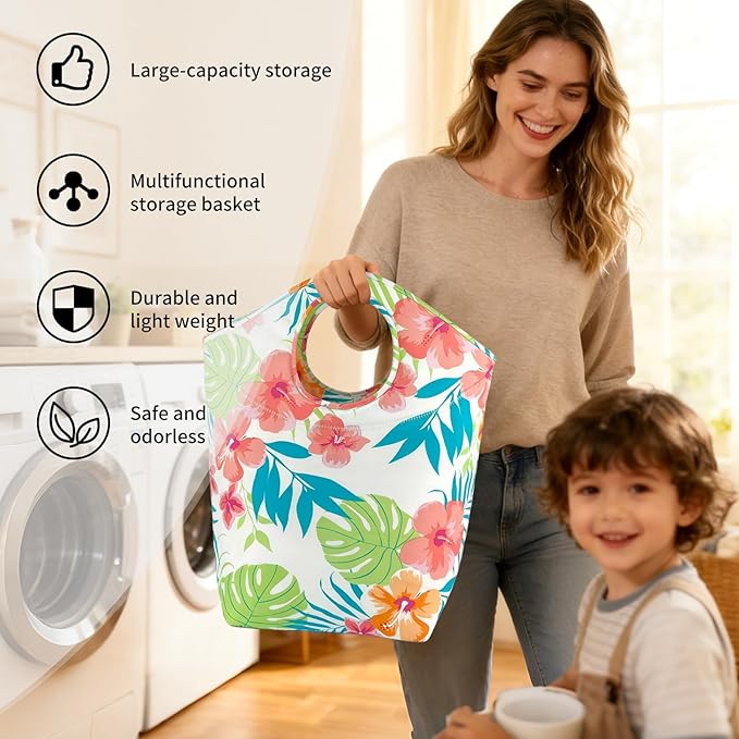 Large Capacity 47L Laundry Hamper, Foldable Waterproof Storage Basket with Soft Handle, Portable Collapsible Laundry Bag for Home Dorm Camping and Car Use