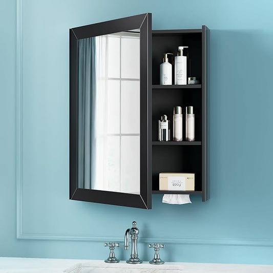 VANIRROR Bathroom Cabinet - Large Single Door 24x30 inchs Wall Cabinet Mirror Medicine Cabinet with Facial Tissues Slot and Multifunctional Storage Area