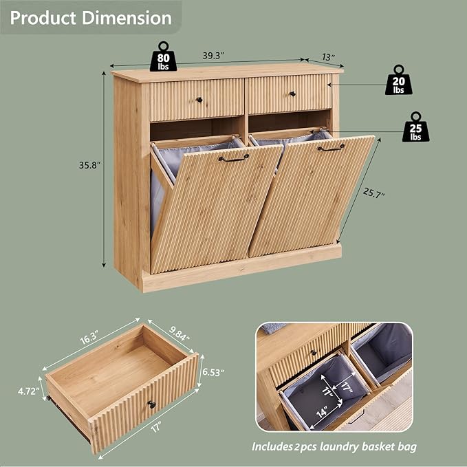 IFBUY Modern Double Tilt-Out Laundry Hamper Cabinet, 20 Gallon Fluted Trash Can Cabinet with 2 Drawers, Wooden Hidden Garbage Can Cabinets with Laundry Basket, for Bathroom and Kitchen, Natural Oak