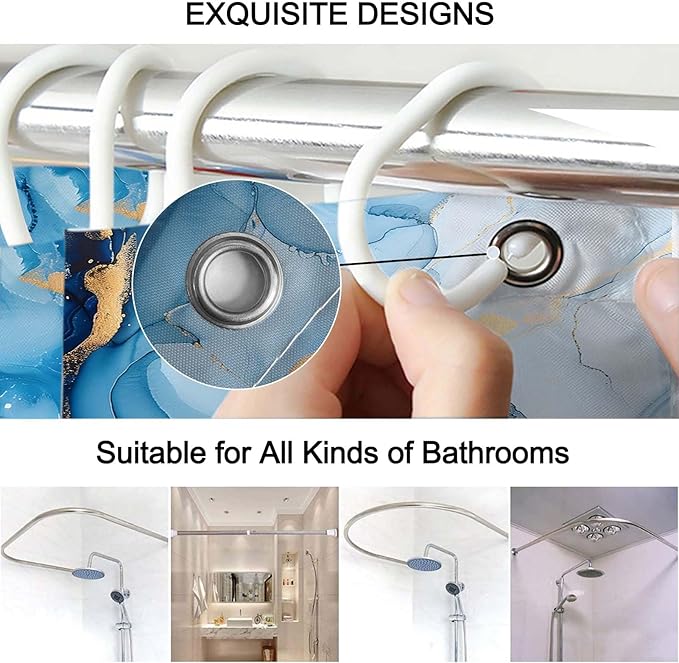 Lnond 4Pcs Bathroom Sets with Shower Curtain and Rugs, Marble Bathroom Shower Curtain Sets, Blue Gold Modern Art Bathroom Sets with Rugs and Accessories