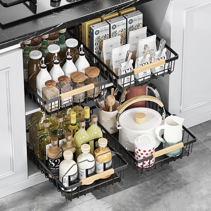 GarveeHome Pull Out Cabinet Organizer Expandable Slide Out Drawer Organizers, No Drill Pull Out Drawers Adhesive Compatible Framed Cabinets Shelves for Kitchen Pantry