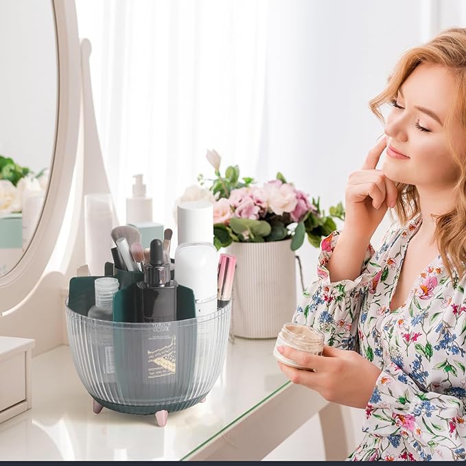 Makeup Brush Holder with Lid Dustproof & Waterproof 360 Rotating Cosmetics Makeup Brush Organizer Storage with Transparent Lid for Vanity Bathroom Green