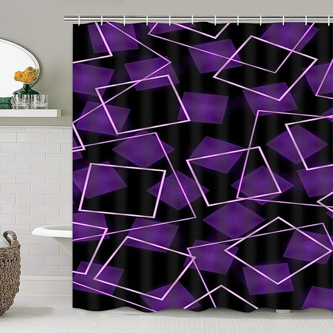 Yizheer 4Pcs Purple 3D Geometry Bathroom Shower Curtain Set with 12 Rustproof Hooks Bath Mat Toilet Cover U Shaped Mat- PEVA Material, 72x72 Inches, Bathroom Curtain for Bathtub (Purple)