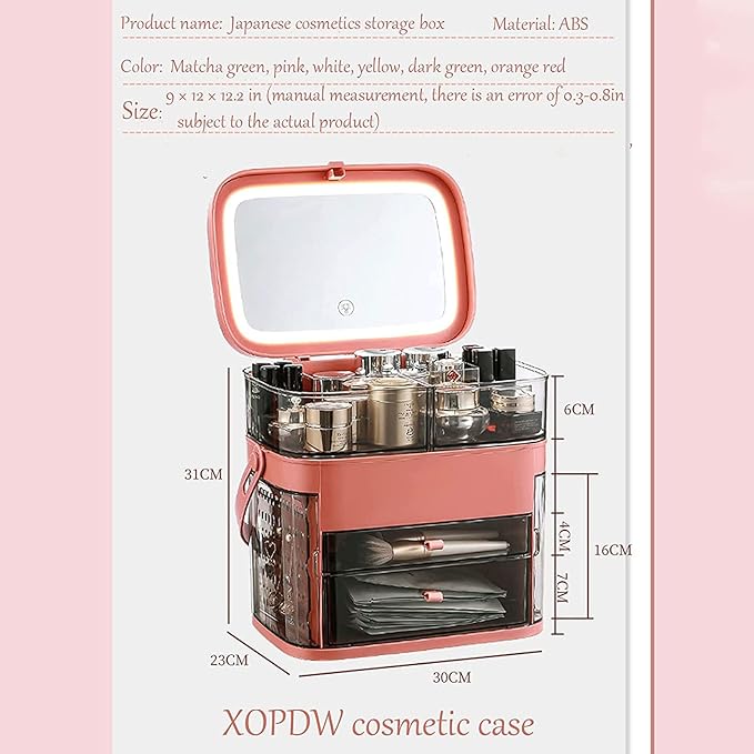 Makeup Organizer (Orange with LED) Fully Open Lid Drawers Handle Skincare Case elegant display cabinet for Bathroom Countertop and Bedroom Vanity Dresser，Cosmetics storage display rack with drawer