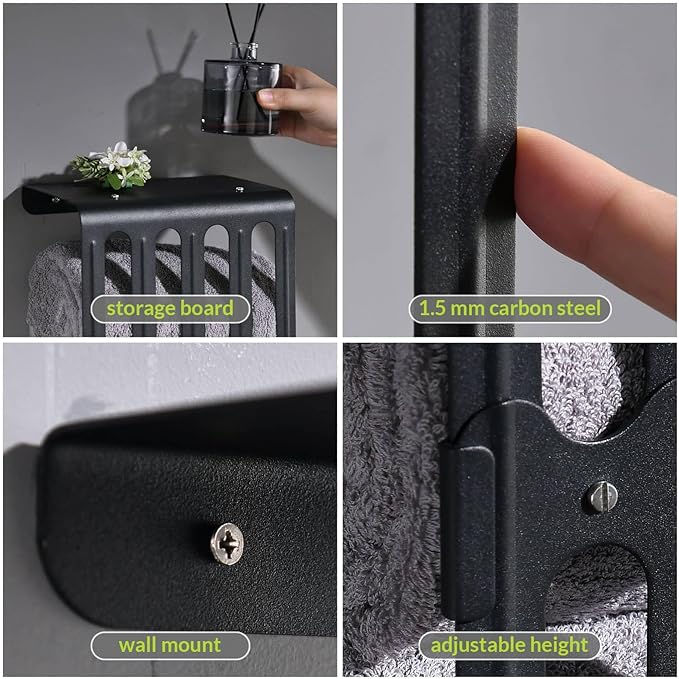 simpletome Towel Storage Rack Adjustable Height Wall Mount Bathroom Shelf Organizer Carbon Steel (Matte Black)