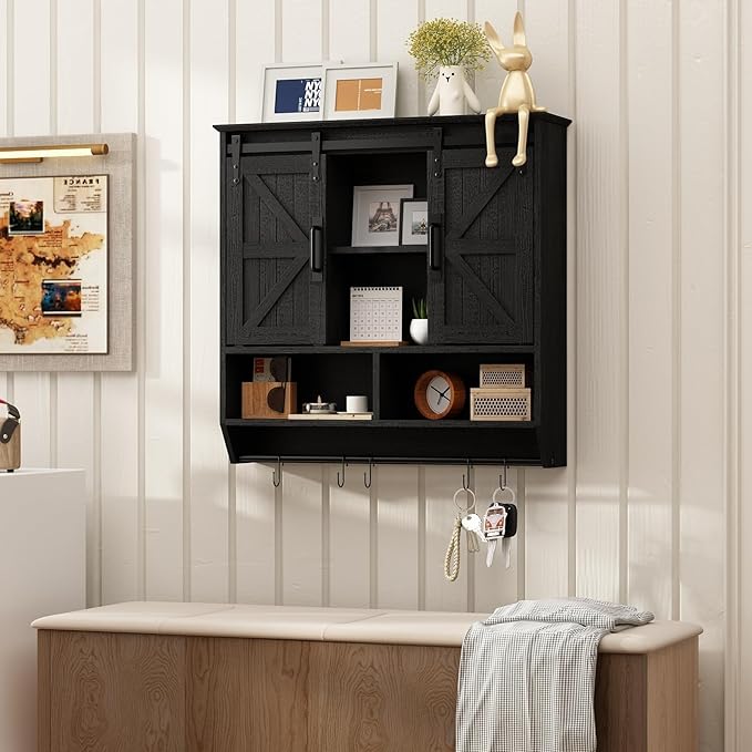 RUSTOWN Farmhouse Bathroom Wall Cabinet,3-Tier Rustic Wood Wall Mounted Cabinets,Vintage Medicine Cabinet with Sliding Barn Door and Adjustable Shelves,Over The Toilet Storage Cabinet (Black)