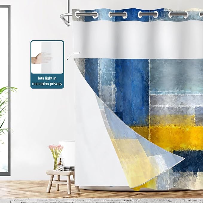 Shrahala Brown Abstract Art No Hooks Shower Curtain with Snap in Liner Set, Grey Contemporary Colorful Bathroom Décor Polyester Fiber Waterproof for Stall Bathtubs 71 X 86 in