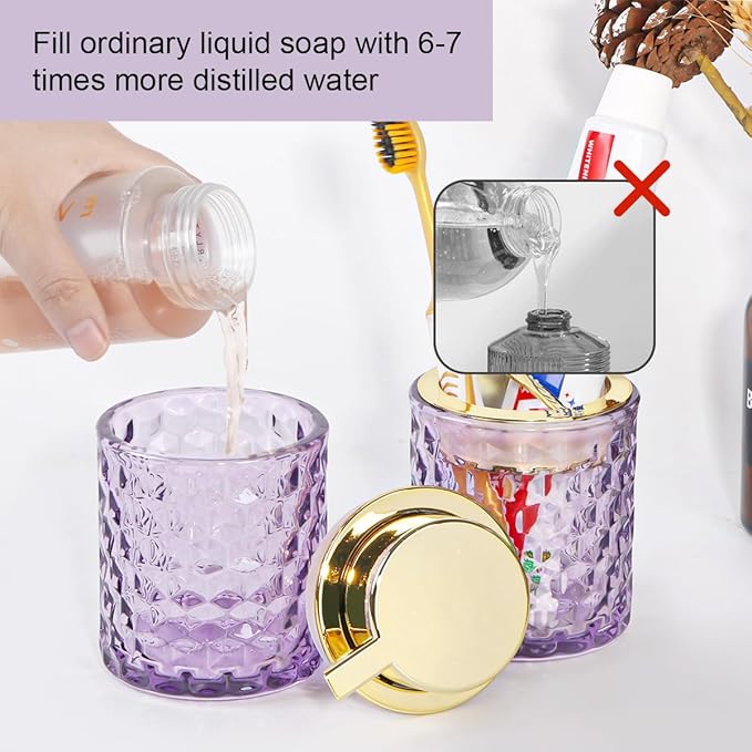 Bathroom Accessories 2 Piece Set Glass Soap Dispenser and Toothbrush Holder, 10oz Foaming Soap Dispenser, Purple Toothbrush and Toothpaste Holder Organizer Cup for Modern Bathroom Decor