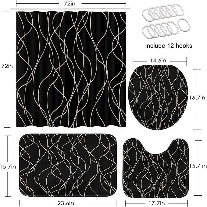 Black Shower Curtain Set with Toilet Lid Cover and Non-Slip Rugs, Striped Wavy Lines 4 Pcs Shower Curtain for Bathroom, Modern Simple Abstract Bathroom Decor