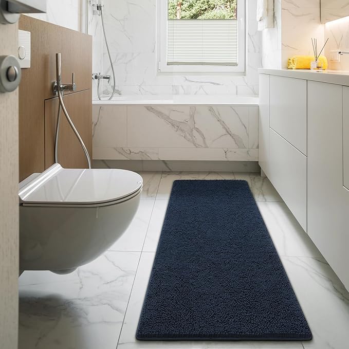 LOCHAS Luxury Bathroom Rug Shaggy Bath Mat 24 x 70 Inch, Washable Non Slip Bath Rugs for Bathroom Shower, Soft Plush Chenille Absorbent Carpets Mats, Navy