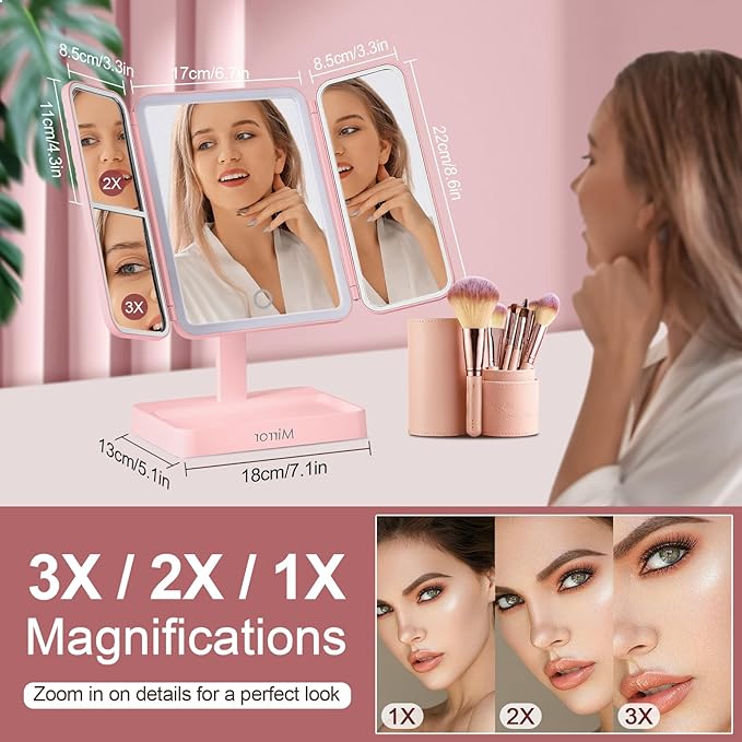 StellarHorizon Makeup Mirror Vanity Mirror with Lights, 83 LEDs, 360-Degree Uniform Fill Light, 3-Color Lighting, Touch Control, Trifold Makeup Mirror,Portable Led Travel Mirror，Women Gift