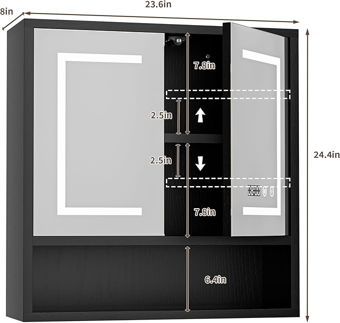 Bathroom Medicine Cabinet with Mirror, Lighted Storage Cabinet Wall Mounted with Doors & Adjustable Wood Shelf, Modern Bathroom Mirror with LED Lights Defogger for Makeup Laundry/Living Room, Black