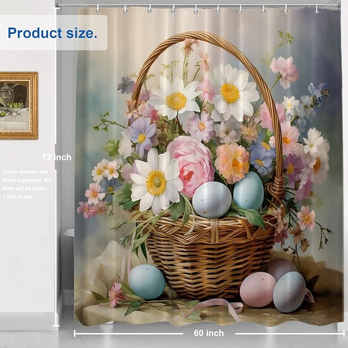 Shrahala Basket Flowers Eggs Decorative Shower Curtain, A Basket Filled with Flowers and Eggs Bathroom Décor Polyester Fiber Waterproof with Plastic Rings for Shower Stall Bathtubs 72 X 60 in