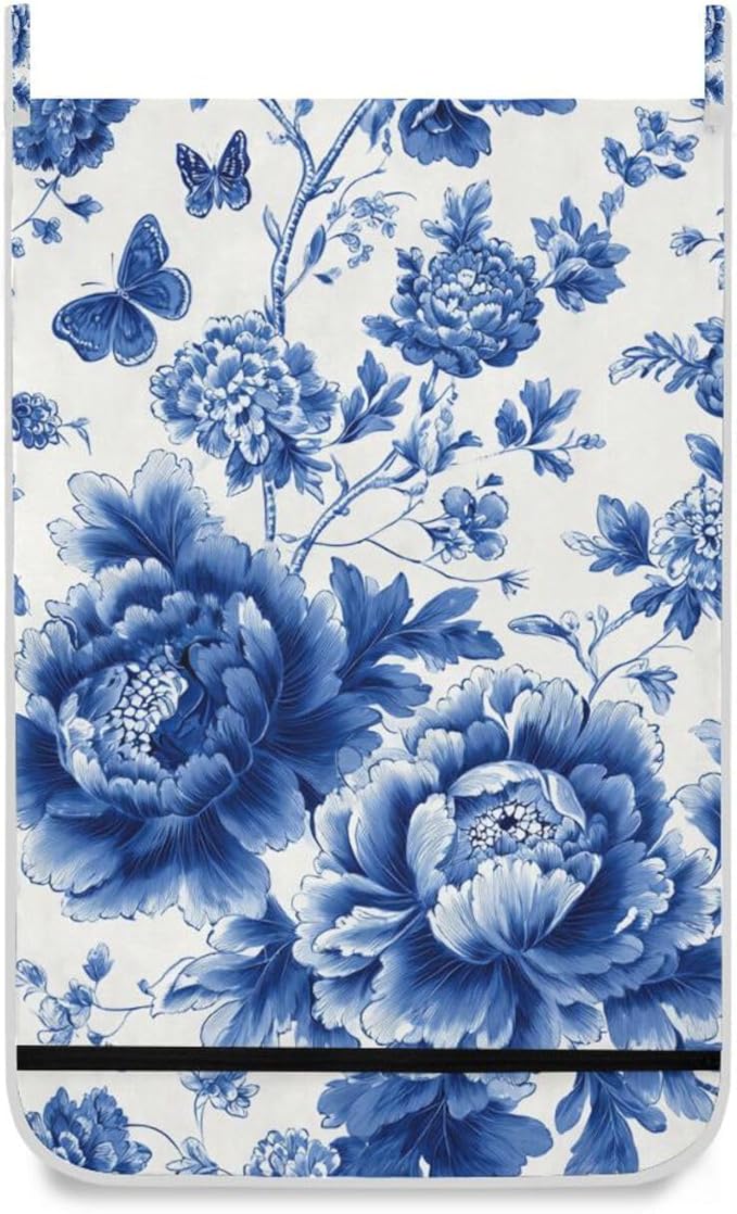 Blue and White Peony Flowers Butterfly Hanging Laundry Hamper Door Hampers Bag Basket with Stainless Steel Hooks Oxford Fabric Printing Decorative Clothes Bags 29.5X20inch 2Pack