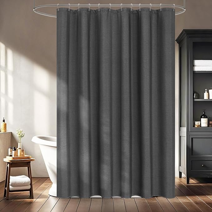 Rustic Country Fabric Shower Curtain Extra Long 72 x 84 Inch, Heavyweight Faux Linen Shower Curtain Charcoal Grey Water-Resistant, Dark Gray Shabby Chic Hotel Bathroom Curtain Washable