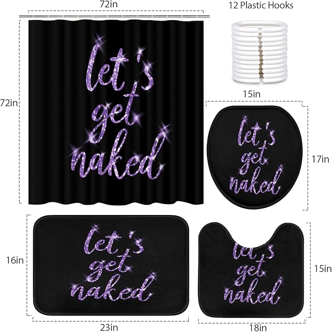 ArtSocket 4PC Purple Let's Get Naked Shower Curtain Sets Gold and Black Bathroom Decor with Rugs, Non-Slip Rug,Toilet Lid Cover, Bath Mat and 12 Hooks 72x72 inches