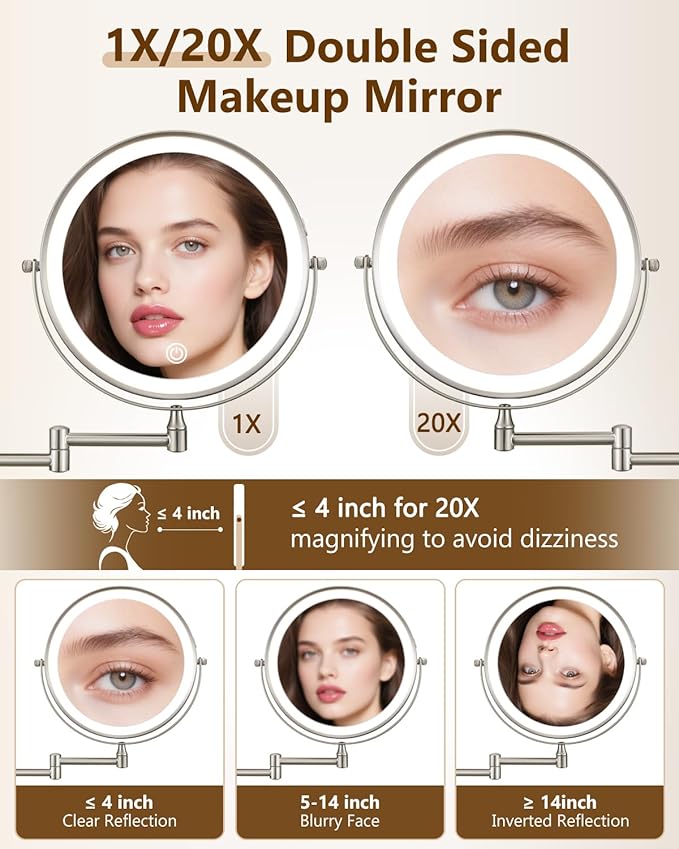 DECLUTTR 9" Wall Mounted Lighted Makeup Mirror, Rechargeable 1X/20X Magnifying Mirror with Light Double Sided, Touch Dimmable 3 Color Light, 360 Rotation Vanity Mirror