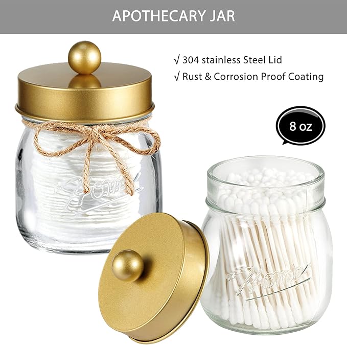 SheeChung 8PCS Mason Jar Bathroom Accessories Set Complete - Soap Dispenser, Toothbrush Holder, 2pcs Qtip Holders, Flower Vase, Soap Holder, Vanity Tray, Toilet Paper Storage, Bathroom Decor - Gold