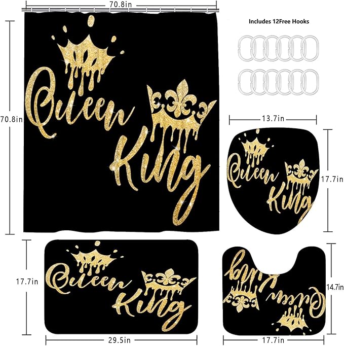 AZHM Queen and King Shower Curtain Set for Bathroom 4 Pcs Black Bathroom Accessory Decor Sets with Shower Curtain and Rugs