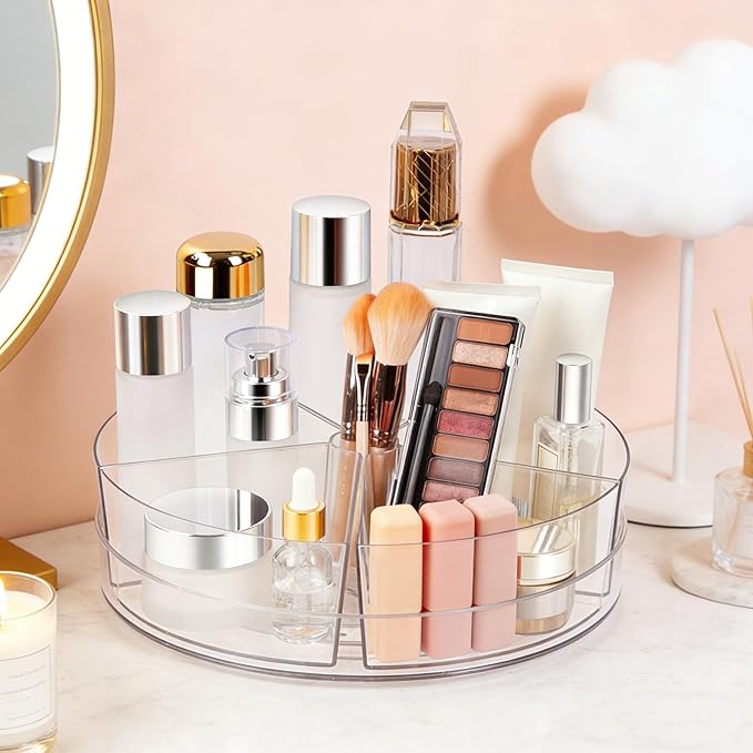 360° Rotating Makeup Organizer, 10.5" Clear Turntable Lazy Susan Organizer for Vanity, Bathroom Counter, Cabinet, Spinning Cosmetic Storage Holder with 5 Removable Dividers for Skincare
