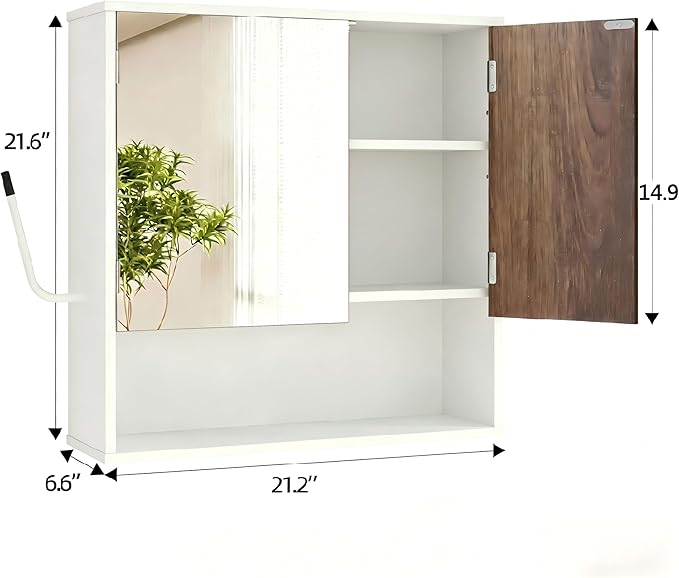 Bathroom Wall Cabinet With Mirror,wall mounted bathroom cabinet,Medicine Cabinet with 2 Door ,Side Hook,Light and Adjustable Shelves,White Cabinet with Wood Grain,Over The Toilet Space Saver Cabinet.