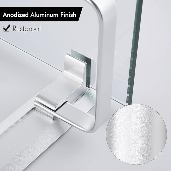 KES Bathroom Glass Shelf for Bathroom 2 Tier, Glass Storage Wall Mounted Tempered Glass and Aluminum Silver, A4126B