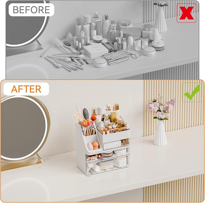Yieach Countertop Makeup Organizers With Brush Holder,Big Skincare Organizers for Vanity,Dresser,Bathroom,Plastic Cosmetics Storage Organizer with 4 Drawers for Lotion,Beauty,Hair Product & Tool,White
