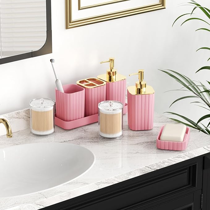 XLHOMO Bathroom Set with Shower Curtain and Rugs- 25PC Bathroom Accessory Set, Pink Bathroom Set, Toilet Brush, Trash Can, Qtip Holder & Soap Dispenser