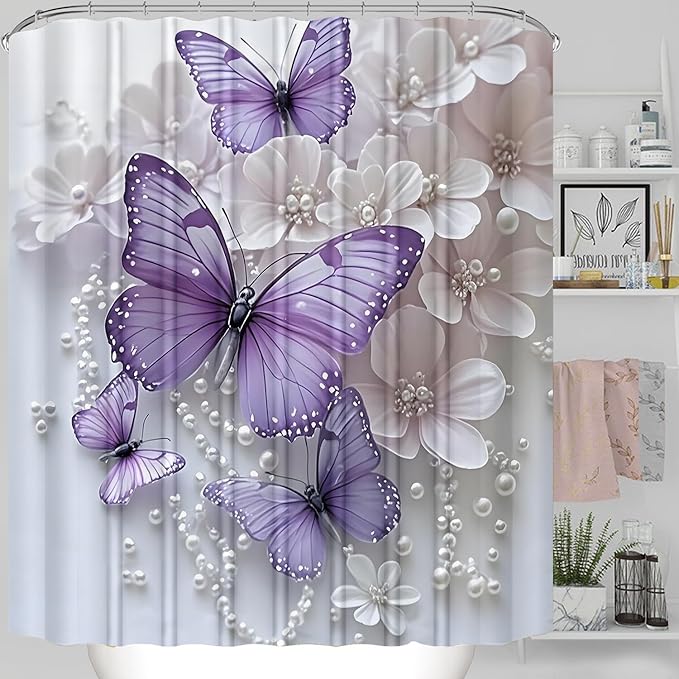ZLQQ 4Pcs Butterfly Shower Curtain Sets with Rugs Butterfly Pearl Bathroom Set with Non-Slip Rugs Toilet Lid Cover and Bath Mat Vintage Shower Curtain with 12 Hooks, Durable Bathroom Decor Set